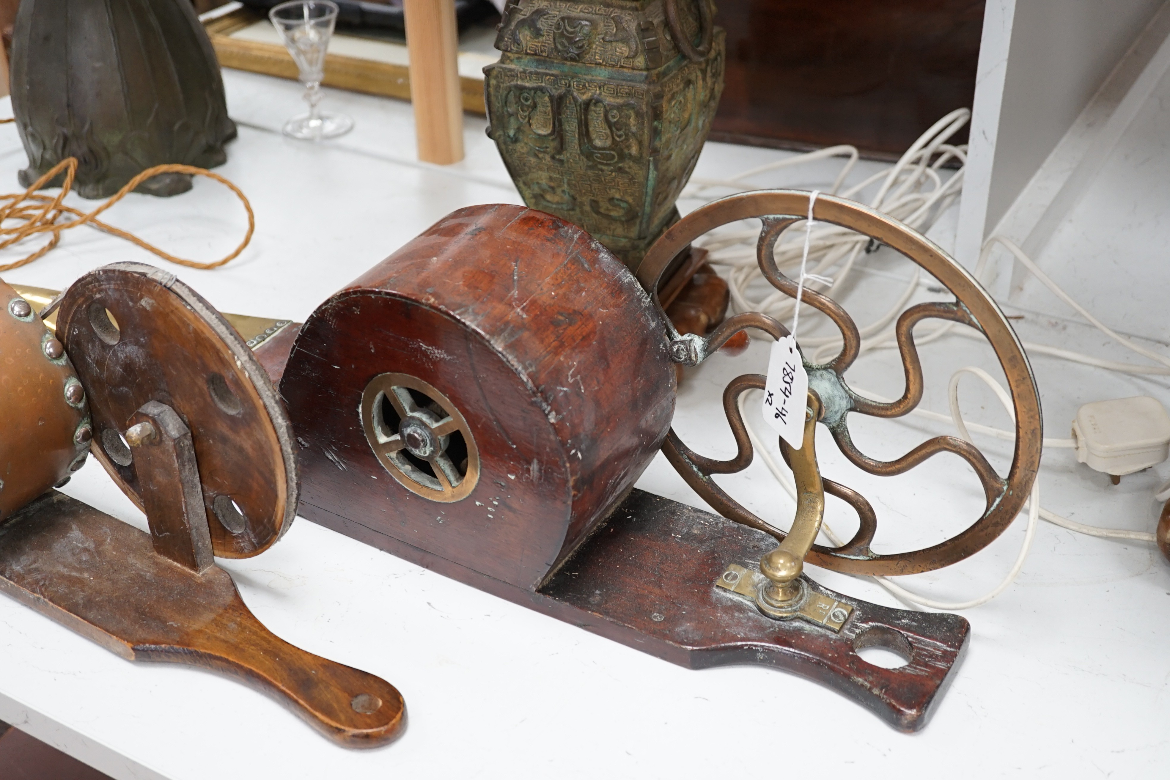 Two 19th century brass mechanical wheel bellows, length 70cm